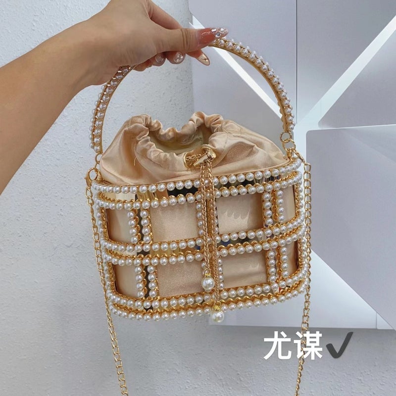 French Metal Vegetable Basket Diamond Bag Dinner Hollow Rhinestone Tassel Pearl Hand-Held Messenger Bag - Image 4