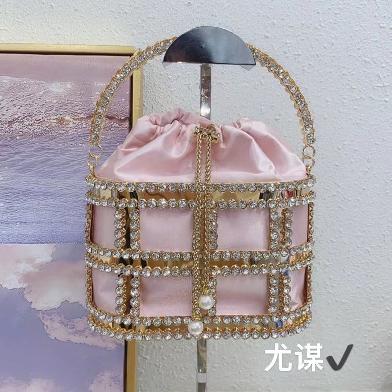 French Metal Vegetable Basket Diamond Bag Dinner Hollow Rhinestone Tassel Pearl Hand-Held Messenger Bag - Image 2