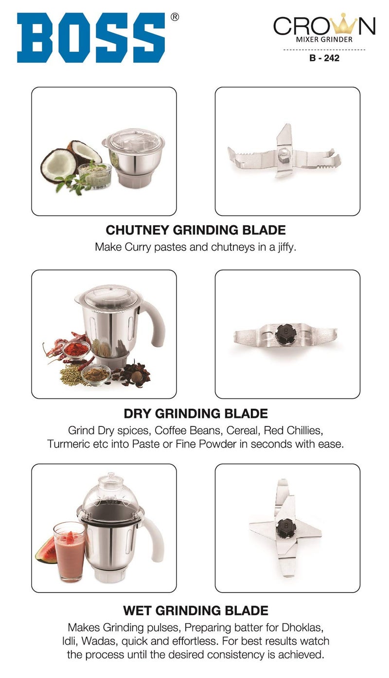 Boss Crown Mixer Grinder, 750W, 3 Jars (Black) - Image 3