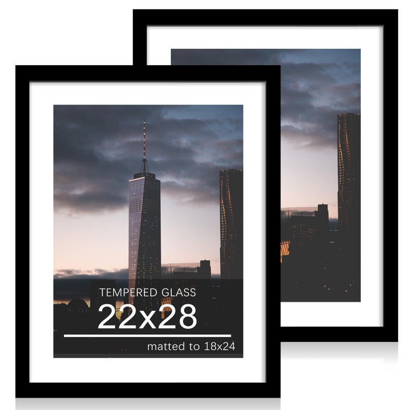 ccdcc 22x28 Picture Frame Set of 2, 22 x 28 Wood Poster Frames with Mat for 18x24, Wooden Photo Frames with Tempered Glass Cover for Wall Display,Black - Image 1