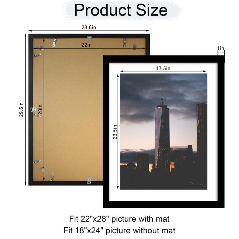 ccdcc 22x28 Picture Frame Set of 2, 22 x 28 Wood Poster Frames with Mat for 18x24, Wooden Photo Frames with Tempered Glass Cover for Wall Display,Black - Image 4