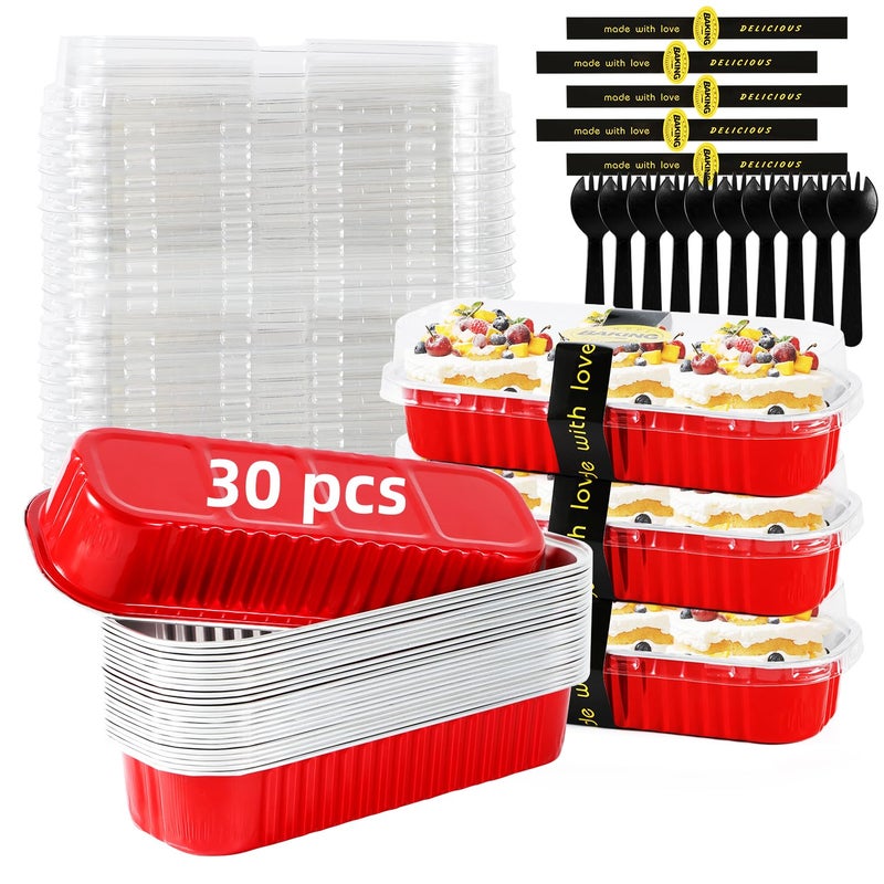 Orlashop Mini Loaf Pans with Lids and Spoons Sealing Sticker,30 Pcs 6.8oz Cake Pans for Baking Disposable Aluminum Foil Red cake pan (30 Pack Red) - Image 1