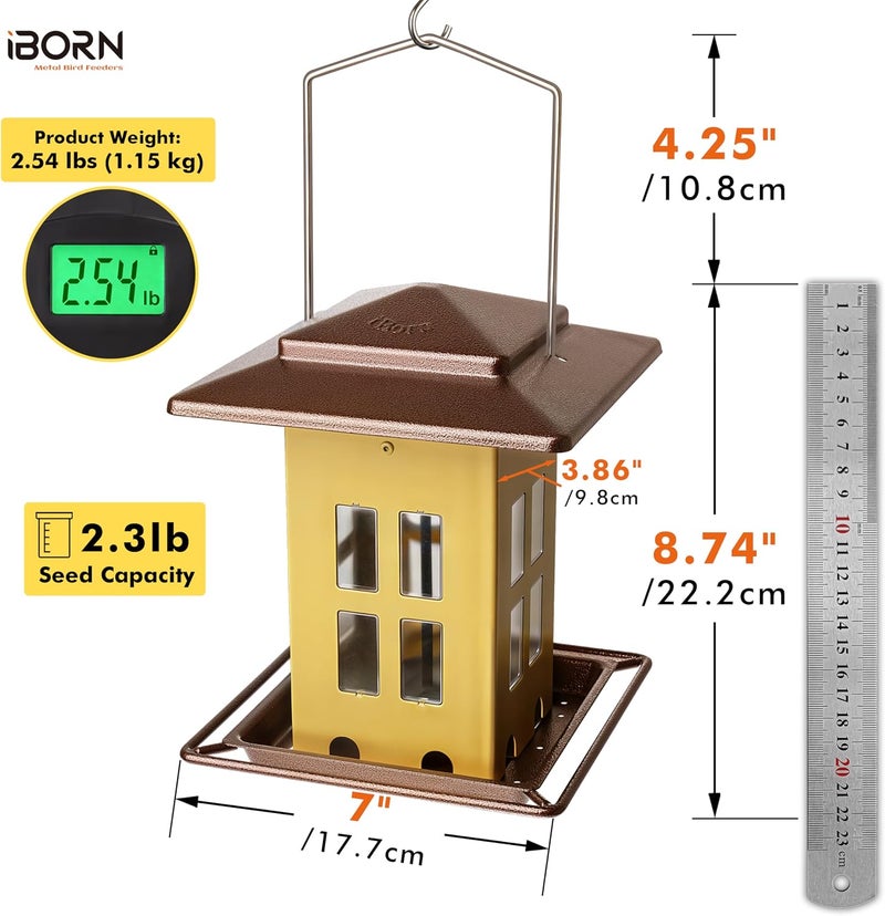 طعام الطيور iBorn للتعليق في الهواء الطلق، طعام طيور معدني يُعلق خارجيًا لطيور الكاردينال، معلق ذو وجهين، مصنوع بالكامل من المعدن، يستوعب 2.6 رطل من البذور، لون أصفر باهت، 8 فتحات. - Image 2