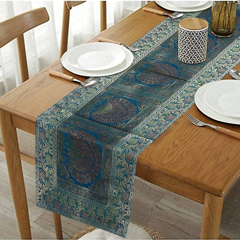 E - Ezra EEZRA Blue Gold Long Silk Table Runner for Dinning Table 4 6 Seater 60 by 16 in - Image 1