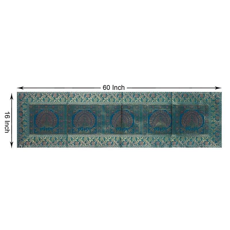 E - Ezra EEZRA Blue Gold Long Silk Table Runner for Dinning Table 4 6 Seater 60 by 16 in - Image 2