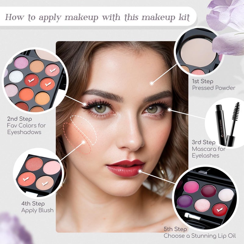 COLOR NYMPH مجموعة لوحة مكياج ملونة نيمف الكل في واحد، مجموعة مكياج سفر محمولة للفتيات مع 24 لون من ظلال العيون، أحمر خدود، لامع شفاه، بودرة مضغوطة، ماسكارا، فرش، مرآة - Image 5