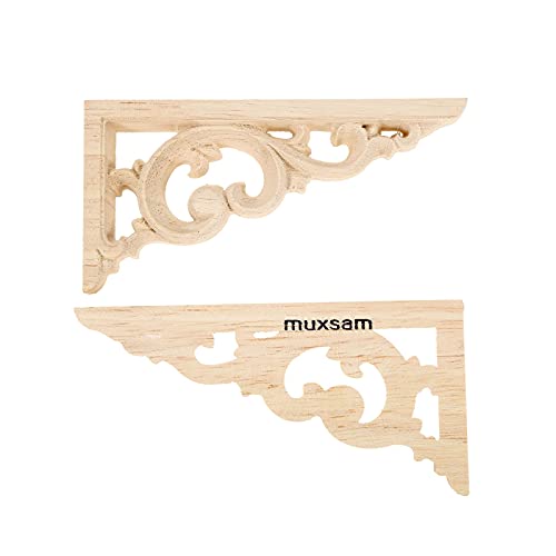 MUXSAM Wood Carved Corners Appliques Onlays, 1-Pair Unpainted Wood Caravings Decals for Cabinet Dresser Cupboard Mirrors Walls Doors Closet Fireplace Bed Frame DIY Craft Project, 12x6cm/4.72"x2.36" - Image 1