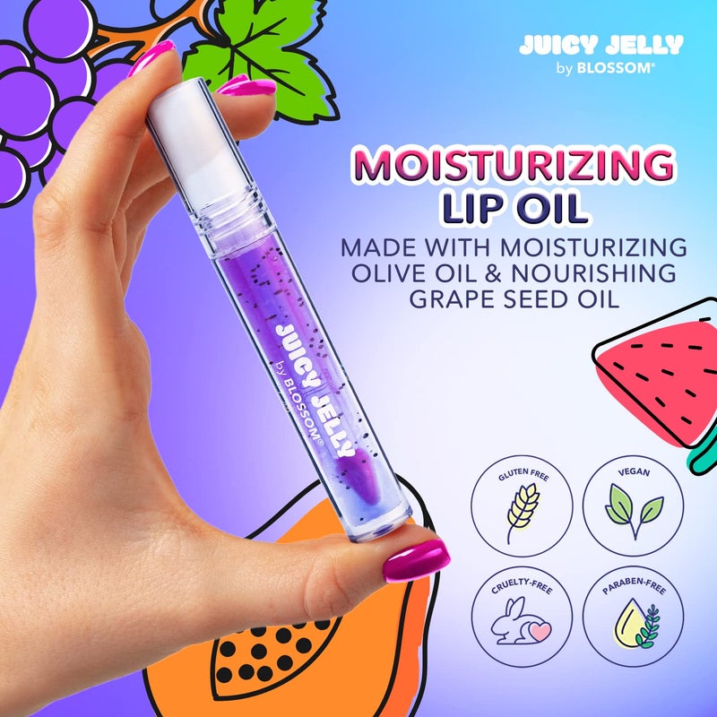 Blossom Lip Gloss Juicy Jelly Moisturizing Fruit Flavored Nourishing High Shine Lip Oil with Doe Foot Wand Applicator, 0.09oz, Grape - Image 3