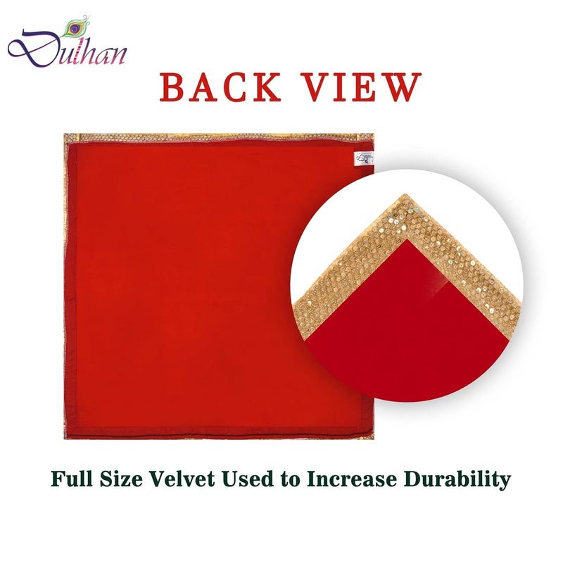 Dulhan DLC CD Lace Sequence Work Red Velvet Pooja Cloth for God 24x24 inch Altar Cloth for Puja Pack of 2 Large Aasan for Home Temple or mandir - Image 3