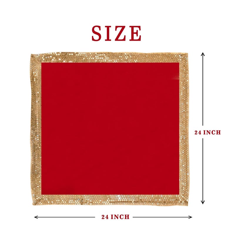 Dulhan DLC CD Lace Sequence Work Red Velvet Pooja Cloth for God 24x24 inch Altar Cloth for Puja Pack of 2 Large Aasan for Home Temple or mandir - Image 2