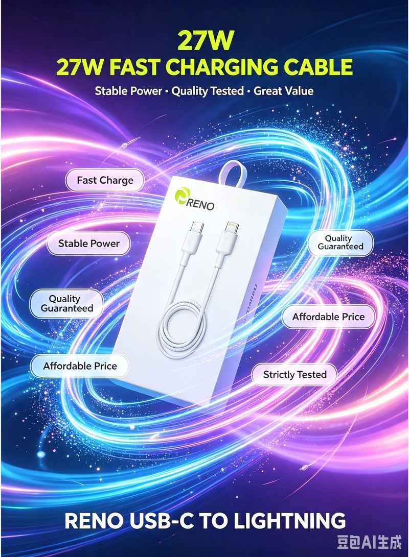 RENO RL-91 USB-C to Lightning Fast Charging & Data Cable (27W, 1m) - White - Image 1