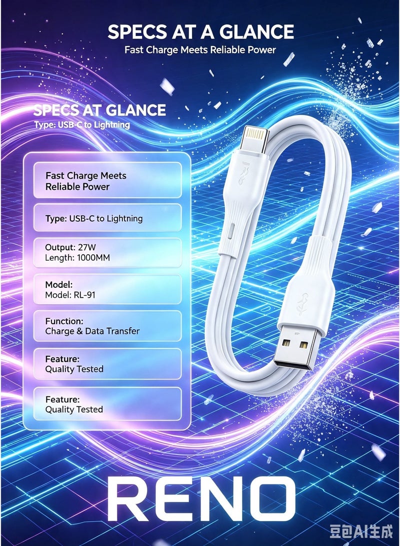 RENO RL-91 USB-C to Lightning Fast Charging & Data Cable (27W, 1m) - White - Image 2