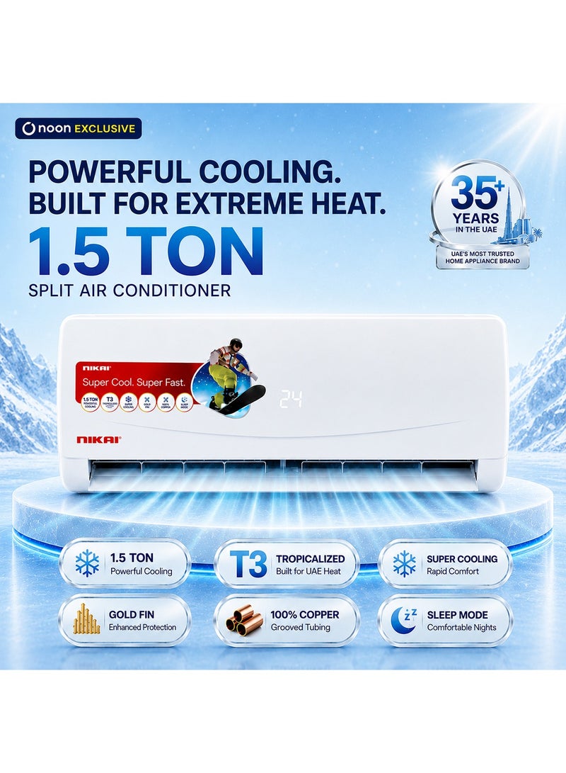 Nikai 1.5 Ton Split Air Conditioner with Rotary Compressor, Cool Only | T-3 Tropicalized Compressor | Gold Fin Condenser | Copper Grooved Tubing | Super Cooling | Sleep Mode | Remote Control - NSAC19131 1826 W NSAC19131 white - Image 1