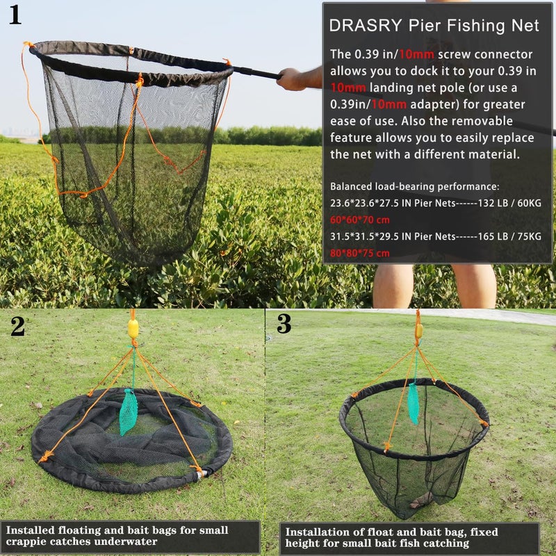 Drasry High Load-Bearing Aluminum Ring Bridge and Pier Fishing Net Landing Net Foldable Drop Net for Saltwater Freshwater Pier Fishing Baskets Net Collapsible 49.2 FT Ropeï¼ˆ23.6 * 23.6 * 27.5 inï¼‰ - Image 3