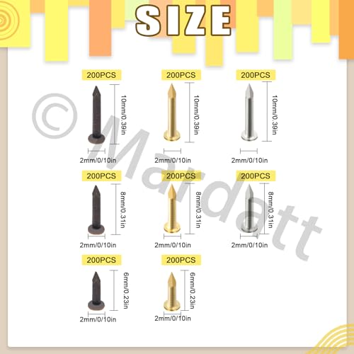 Mardatt 1600Pcs 3 Sizes Small Tiny Nails Assortment Kit 1x6mm 1x8mm 1x10mm Tiny Wooden Nails Hardware Tiny Nails Assorted Wall Nails Set for Pictures Hanging Woodworking Gold Bronze Silver - Image 3