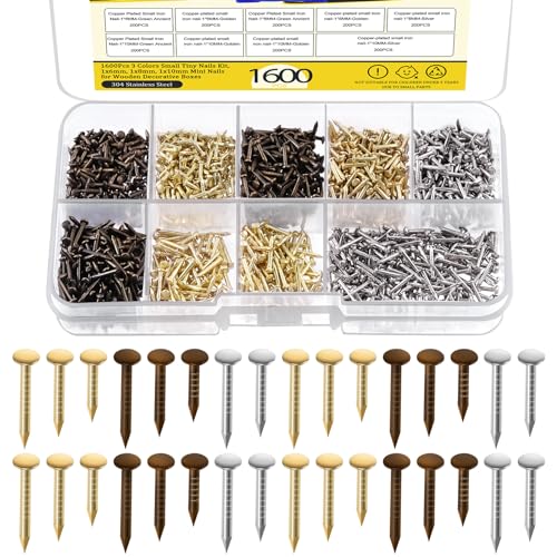 Mardatt 1600Pcs 3 Sizes Small Tiny Nails Assortment Kit 1x6mm 1x8mm 1x10mm Tiny Wooden Nails Hardware Tiny Nails Assorted Wall Nails Set for Pictures Hanging Woodworking Gold Bronze Silver - Image 1