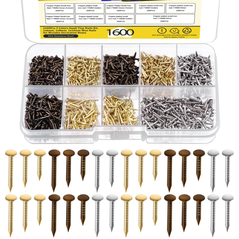 Mardatt 1600Pcs 3 Sizes Small Tiny Nails Assortment Kit 1x6mm 1x8mm 1x10mm Tiny Wooden Nails Hardware Tiny Nails Assorted Wall Nails Set for Pictures Hanging Woodworking Gold Bronze Silver - Image 2