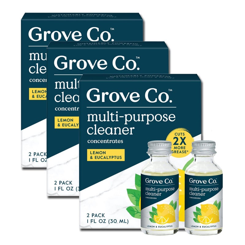Grove Co. Multi-Purpose Cleaner, Refill Concentrate (6 x 1 Fl Oz) Plant-based Household Cleaning Supplies, Ammonia & Chlorine Free, No Plastic Waste, Lemon & Eucalyptus Scent, Total 3 x 2 Pack Refills - Image 1