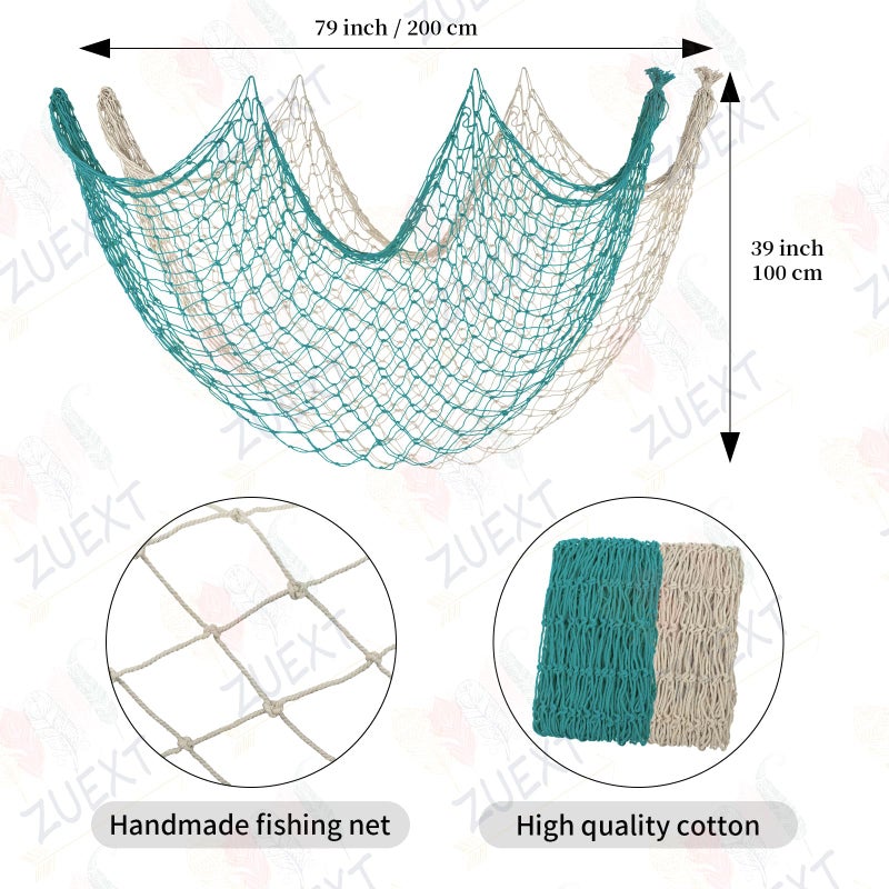 ZUEXT Beige & Aqua Decorative Fishing Net 80x40 Inch  2PCS Large Picture Fish Net  Pirate Mermaid Net for Nautical Ocean Themed Under The Sea Party  Wall Hanging Fishnet for Photo Display - Image 2