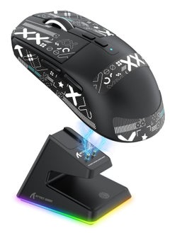 هجوم القرش ماوس ألعاب لاسلكي خفيف الوزن Attack Shark X6 49 جرام مع قاعدة شحن RGB مغناطيسية، ماوس لاسلكي/سلكي BT/2.4 جيجاهرتز، مستشعر PixArt PAW3395، 26000 نقطة في البوصة، شريط لاصق، بطارية تدوم 200 ساعة لنظامي التشغيل Windows/Mac (أسود)  - Image 1