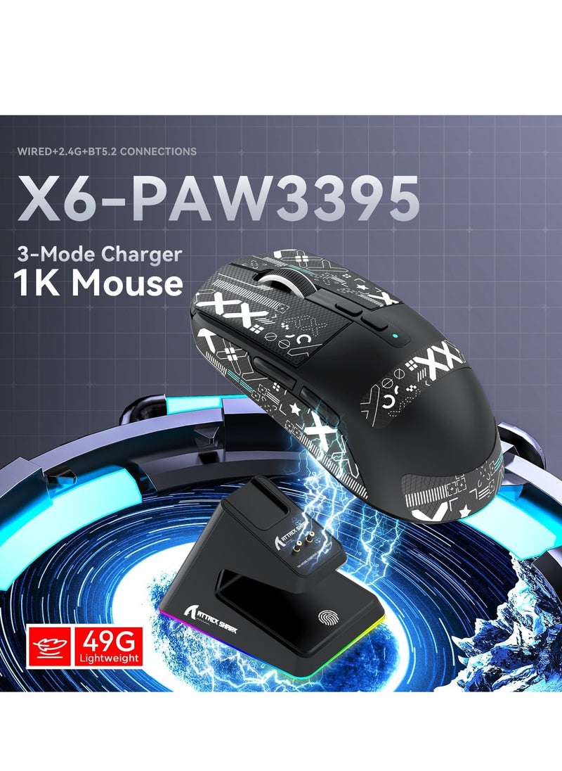 هجوم القرش - ماوس ألعاب لاسلكي خفيف الوزن Attack Shark X6 49 جرام مع قاعدة شحن RGB مغناطيسية، ماوس لاسلكي/سلكي BT/2.4 جيجاهرتز، مستشعر PixArt PAW3395، 26000 نقطة في البوصة، شريط لاصق، بطارية تدوم 200 ساعة لنظامي التشغيل Windows/Mac (أسود) - Image 1