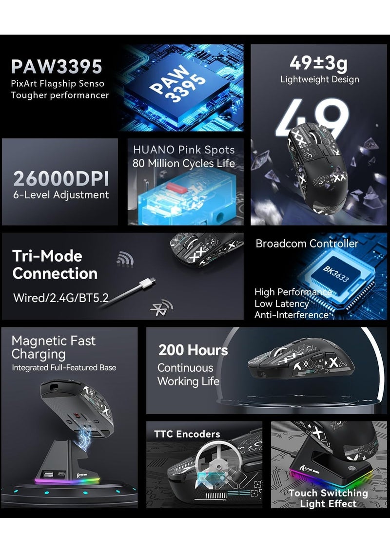 هجوم القرش - ماوس ألعاب لاسلكي خفيف الوزن Attack Shark X6 49 جرام مع قاعدة شحن RGB مغناطيسية، ماوس لاسلكي/سلكي BT/2.4 جيجاهرتز، مستشعر PixArt PAW3395، 26000 نقطة في البوصة، شريط لاصق، بطارية تدوم 200 ساعة لنظامي التشغيل Windows/Mac (أسود) - Image 1