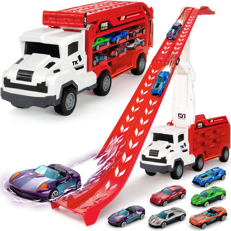Bstoyder Kids Toys for 3 4 5 6 7 8 Years Old Boys Carrier Truck Transport Car Toys Foldable 2 Layer Car Race Track Playset with 25in Race Track 6 Metal Toy Cars Birthday Toy Gift for ToddlerRed - Image 3