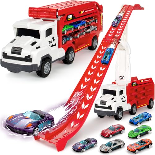 Bstoyder Kids Toys for 3 4 5 6 7 8 Years Old Boys Carrier Truck Transport Car Toys Foldable 2 Layer Car Race Track Playset with 25in Race Track 6 Metal Toy Cars Birthday Toy Gift for ToddlerRed - Image 1