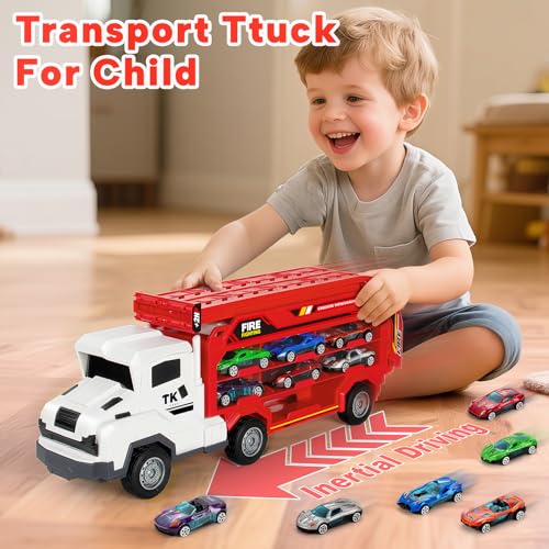 Bstoyder Kids Toys for 3 4 5 6 7 8 Years Old Boys Carrier Truck Transport Car Toys Foldable 2 Layer Car Race Track Playset with 25in Race Track 6 Metal Toy Cars Birthday Toy Gift for ToddlerRed - Image 5