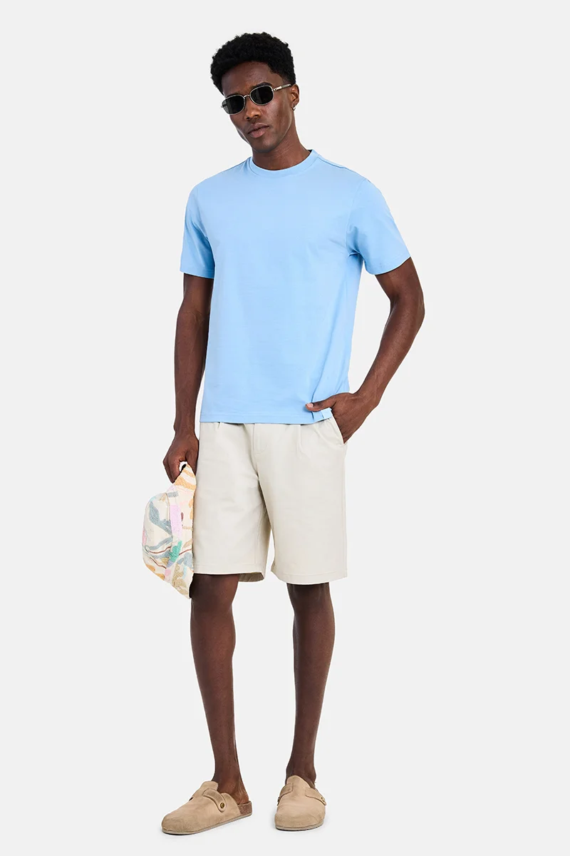 سنيتش Light Blue Solid Half Sleeve Regular Fit Casual T-Shirt
