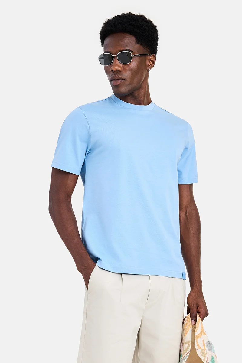 سنيتش Light Blue Solid Half Sleeve Regular Fit Casual T-Shirt