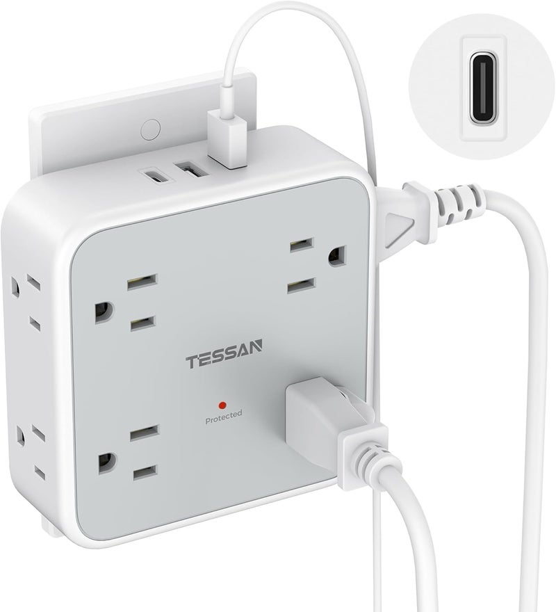 تيسان مقبس طاقة حائط ، موصل متعدد مع 8 مآخذ تيار متردد، 3 منافذ USB (1 من نوع C)، مانع ذروة 900 جول ومفتاح، موصلات كهربائية للمنزل والمكتب وغرفة النوم - Image 1
