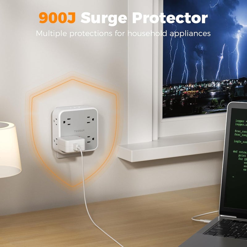 تيسان مقبس طاقة حائط ، موصل متعدد مع 8 مآخذ تيار متردد، 3 منافذ USB (1 من نوع C)، مانع ذروة 900 جول ومفتاح، موصلات كهربائية للمنزل والمكتب وغرفة النوم - Image 5