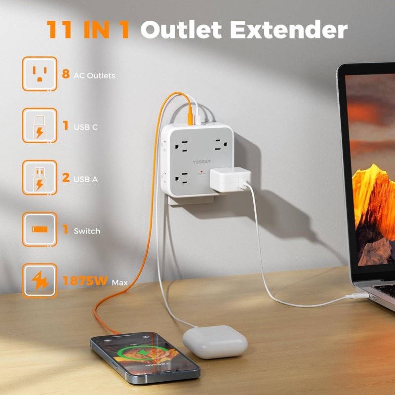 تيسان مقبس طاقة حائط ، موصل متعدد مع 8 مآخذ تيار متردد، 3 منافذ USB (1 من نوع C)، مانع ذروة 900 جول ومفتاح، موصلات كهربائية للمنزل والمكتب وغرفة النوم - Image 3