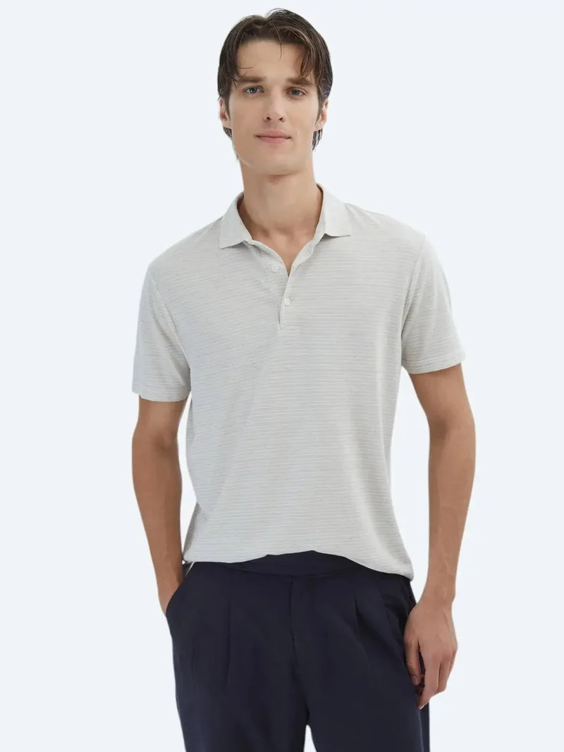 كيب تيشيرت قطني مخطط بيج اللون بياقة بولو