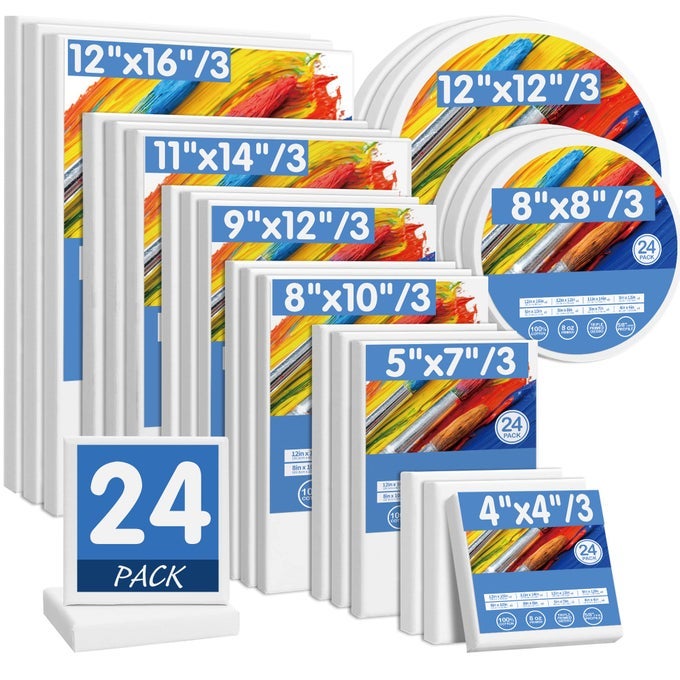 24 PACK STRETCHED CANVASES MULTI PACK 4X4 5X7 8X10 9X12 11X14 12X16 ROUND CANVAS 12X12 8X8 3 OF EACH 100 COTTON PRIMED CANVASES FOR ACRYLIC OIL WET OR DRY ART MEDIA