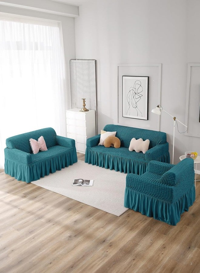VORHANG Stretch Sofa Slipcover Easy Fitted Sofa Couch Cover with Skirt (Aqua -3 Seater) Pack of 1 - Image 2