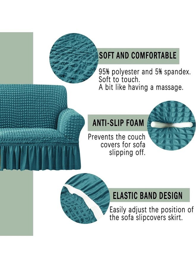 VORHANG Stretch Sofa Slipcover Easy Fitted Sofa Couch Cover with Skirt (Aqua -3 Seater) Pack of 1 - Image 3