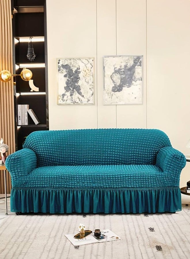 VORHANG Stretch Sofa Slipcover Easy Fitted Sofa Couch Cover with Skirt (Aqua -3 Seater) Pack of 1 - Image 1