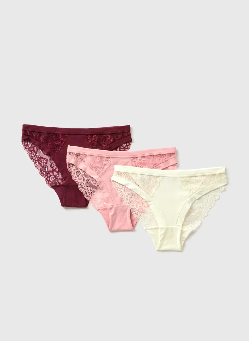 Matalan 3 Pack Multicoloured High Leg Lace Detail Knickers