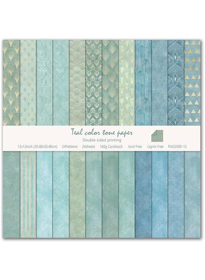 Arabest Teal Color Art Deco Scrapbook Paper 24 Sheets Pattern Paper Double Sided Printing for DIY Card Making Scrapbook Wedding Photo Album Home Décor-12 x 12 Inches - Image 1