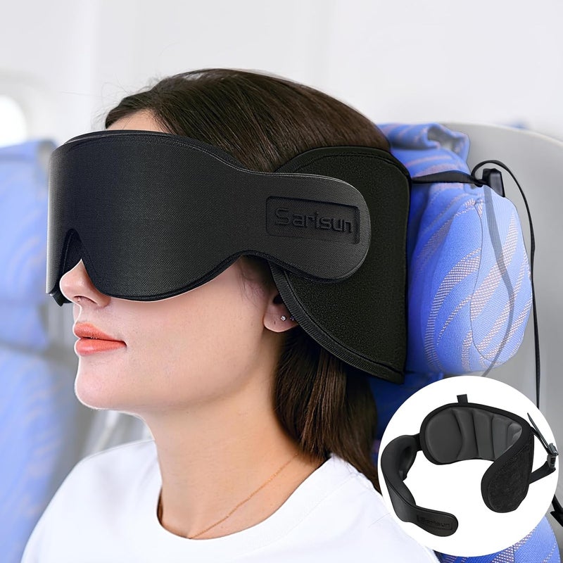 SARISUN Travel Pillow for Airplanes, Airplane Pillow with Eye Mask, Travel Pillows for Long Flight Sleeping, Travel Neck Pillows for Road Trip Car Headrest, Stop Bobble Head Neck Pain, Dark Grey - Image 1