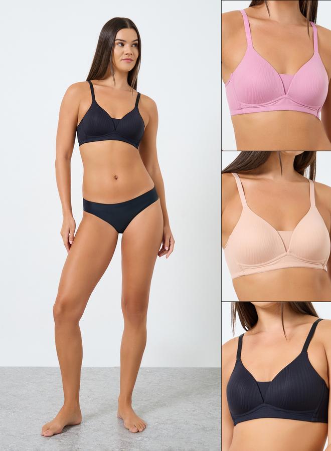 Styli Pack of 3 - Padded Non Wired Ribbed T-Shirt Bra - Image 1