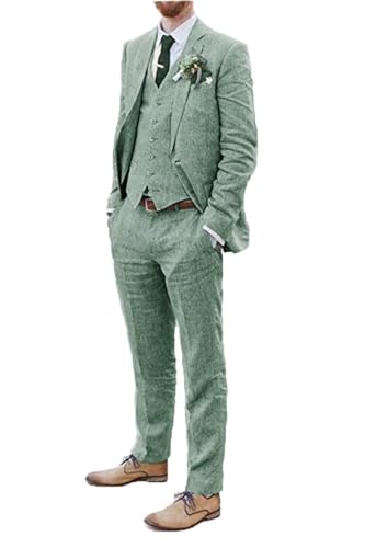 Beach Wedding Suit for Men 3 Pieces Linen Light Green Prom Suits Homecoming Set Jacket Vest Pant Groomsmen Suit Summer Thin LG4034