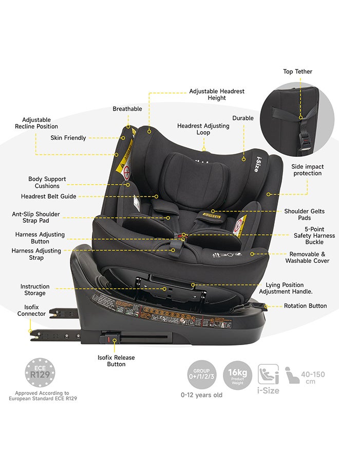 Jovikids - Rotating Ranger TT ISOFIX Car Seat 360° For Baby, 40 - 150 CM, 0- 12  Years, ECE R129/E4 I-size, Fixations ISOFIX, Top Tether - Black - Image 1