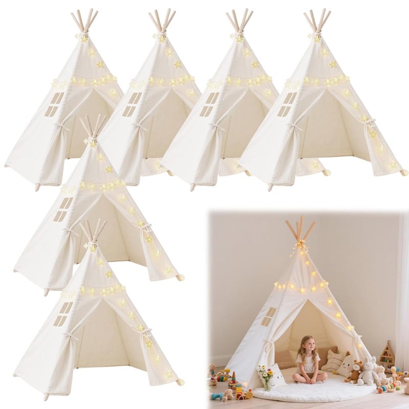 Quaocens 6 Pack Teepee Tent for Kids,Collapsible Kids Teepee Tent with 10 Ft String Lights,White Kid Teepee Boys Girls Indoor Outdoor Slumber Party Sleepover Party - Image 1
