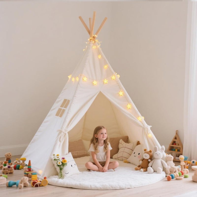 Quaocens 6 Pack Teepee Tent for Kids,Collapsible Kids Teepee Tent with 10 Ft String Lights,White Kid Teepee Boys Girls Indoor Outdoor Slumber Party Sleepover Party - Image 4