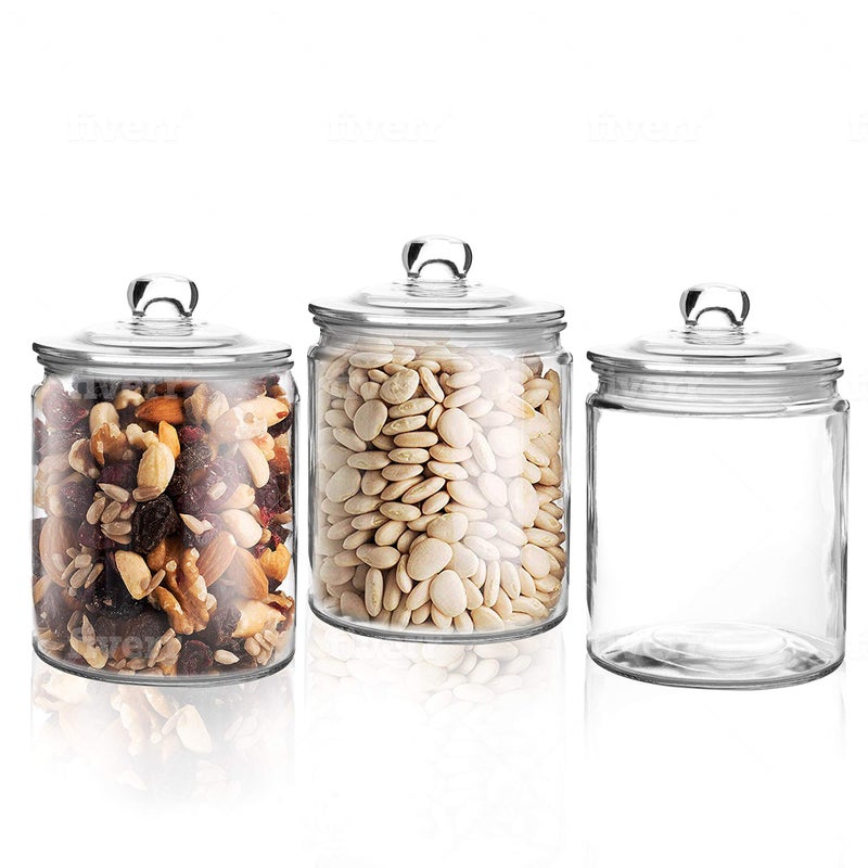 Marbelous Set of 3 Glass Jar with Lid 1 Liter  Airtight Glass Storage Container for Food Pasta Coffee Candy Dog Treats Snacks  Glass Organization Canisters for Home  Kitchen  34 Ounces