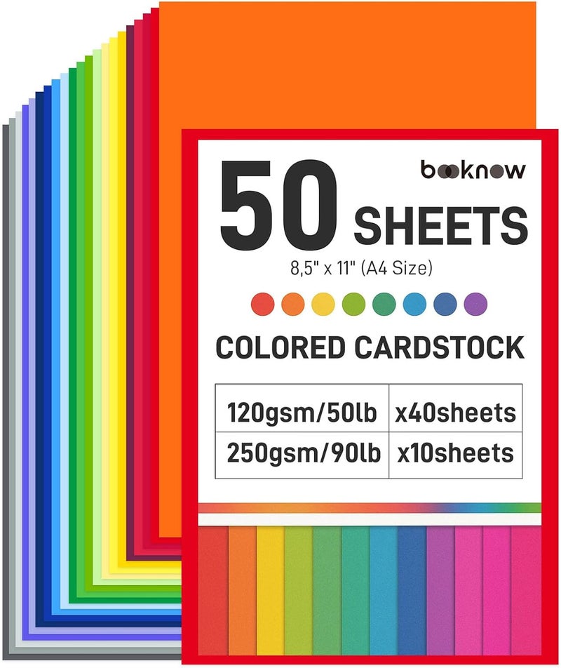 BOOKNOW Colored Cardstock, Includes 40 Sheets 120gsm Multicolor Cardstock Paper and 10 Sheets 250gsm Lightweight Construction Paper for DIY Crafts Scrapbook Making Back to School Supplies - Image 1