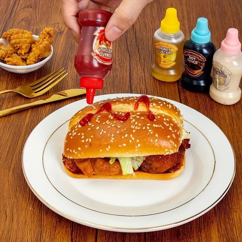 MaruHub 4pcs Mini Ketchup Bottles, 40ml Refillable Salad Dressing Tomato Ketchup Soya Sauce Honey Mustard Syrup Squeeze Containers Bottle, Portable Squeezable Squirt Condiments for Kids & Adults Bento Box - Image 3